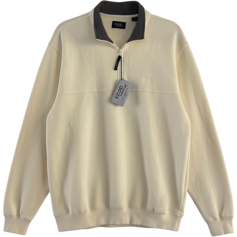 NWT IZOD Pullover Mens Large Off White PerformX Peached Fleece Quarter Zip Soft